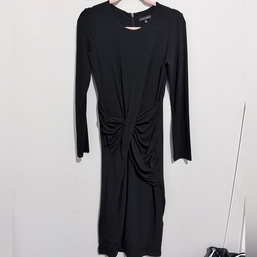 JLUXLABEL Black Long Sleeve Dress with Gathered Detail